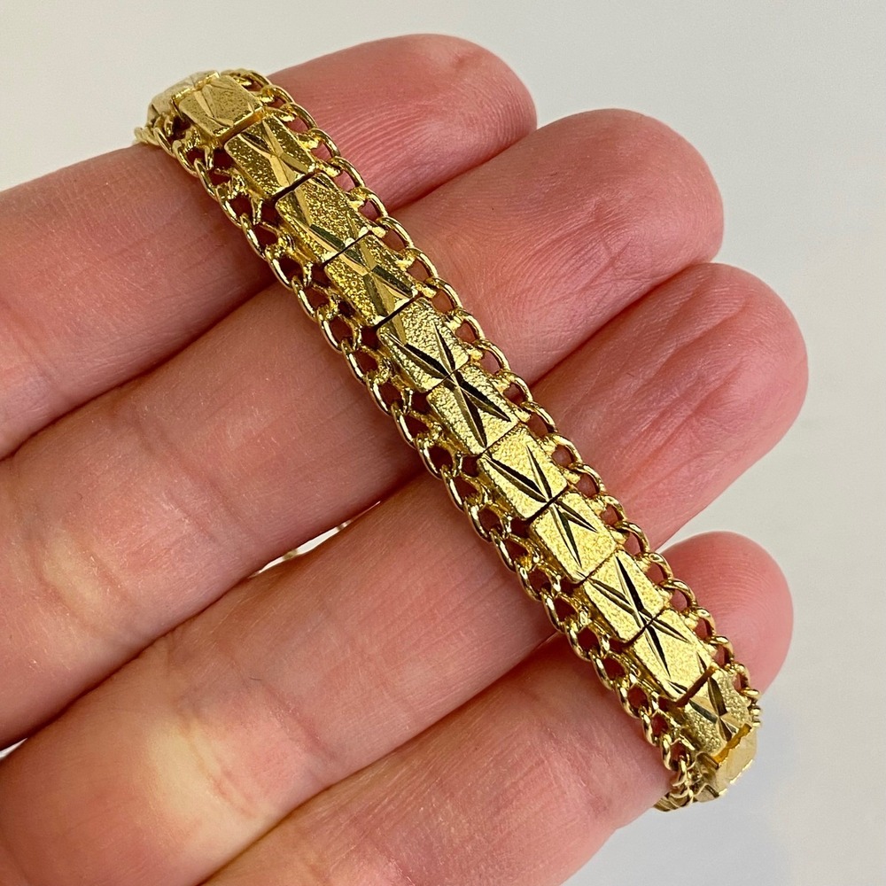 Vintage Gold Tone Geometric Link Bracelet Etched Rope Safety Chain 6.5" Retro - Picture 9 of 11